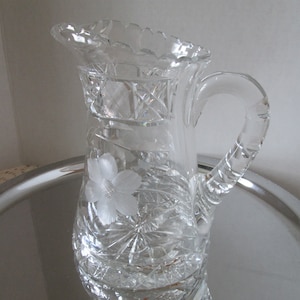 Ellegant Antique Heavy Cut Glass with Etched Flower Design Water Pitcher
