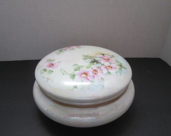 Large Covered Limoges France Powder Box Lusterware Pink Flowers