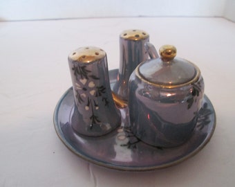 Hand Painted Nippon Blue Lusterware Condiment Set/ Salt and Pepper Shakers/ Handled Round Tray/ Covered Sugar with Spoon