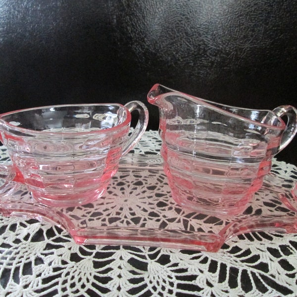 Pink Depression Glass Sugar Creamer and Tray Vintage