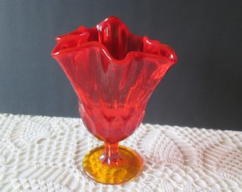 Vintage Red/Orange Scalloped Edge Footed Vase