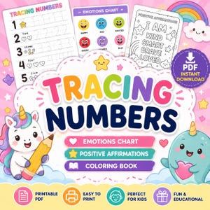 Può includere: Download digitale colorato con "Tracing Numbers", una tabella delle emozioni, affermazioni positive e un libro da colorare. Include un unicorno con una matita e un narvalo. Il testo "PDF stampabile" e "Facile da stampare" è visibile.