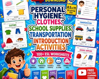 Personal hygiene, transportation,  clothes, school supplies, beginner worksheet - ESL bundle 100+ pages