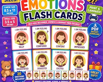 Emotions Flash Cards Printable PDF | Feelings Learning Cards for Kids | 100+ Flashcards Instant Download
