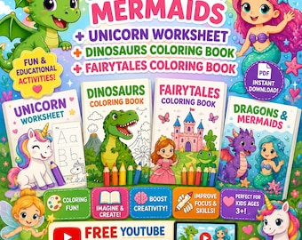 Dragons, Mermaids, Unicorns, Dinosaurs, Fairytales Coloring Books & Worksheet (PDF Download)