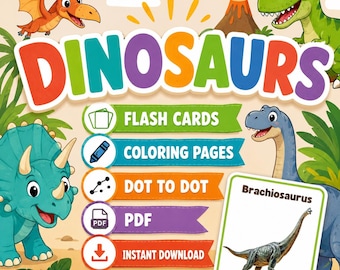 Dinosaurs: Coloring Pages for Kids | Learning Activity Worksheets | Flash Cards (PDF Download)