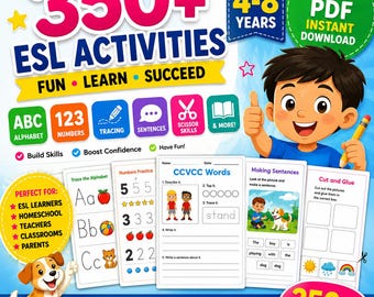 350+ ESL Arbeitsblätter für Kinder im Alter von 4-8 | Ablaufverfolgung, Alphabet, Zahlen, Scherentechniken (Digitaler Download)