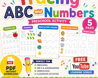 Preschool Tracing ABC and Numbers Worksheets | Alphabet, Number PDF (Instant Download)