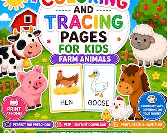 Farm Animals Coloring and Tracing Pages for Kids | Preschool PDF Bundle (Instant Download)