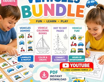 Vehicles Activity Bundle for Kids | Domino, Coloring Pages, Dot-to-Dot (PDF Download)