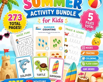 Summer Activity Bundle for Kids | 273 Pages, Mazes, Tracing, Coloring, Flash Cards (Digital Download)