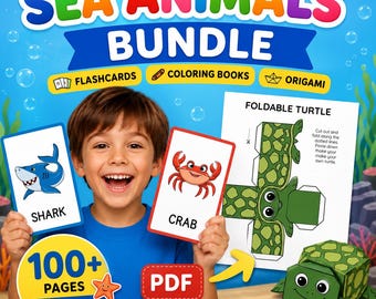 Sea Animals Learning Bundle | Flashcards, Coloring, Origami Crafts (PDF Download)