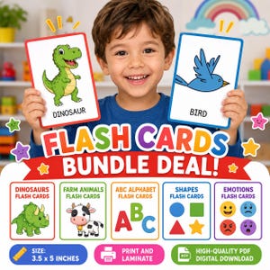 Op de afbeelding: Een set educatieve flashcards met illustraties van een groene dinosaurus en een blauwe vogel. De bundel bevat categorieën voor dinosaurussen, boerderijdieren, het alfabet, vormen en emoties. Elke kaart meet 8,89 bij 12,7 cm.