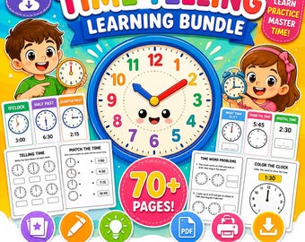 Telling Time Learning Bundle | Clock Flashcards, Worksheets, Math Activities (Instant Download PDF)