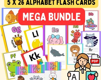 5x26 ABC Printable Flash Cards for Kids | Alphabet Learning Mega Bundle | Preschool Educational PDF
