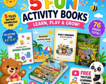 Kids Activity Book Bundle | 5 Printable Learning Books, Summer, Jungle Animals (Instant Download)