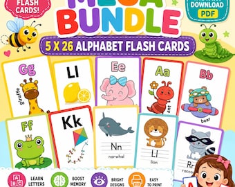 Tarjetas didácticas imprimibles ABC de 5x26 para niños / Paquete completo para aprender el alfabeto / PDF educativo para preescolar
