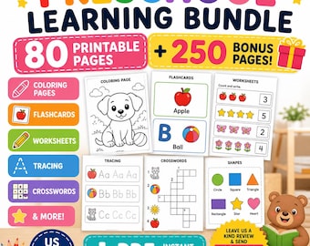 Preschool Learning Bundle, 80 Printable Pages, Coloring, Flashcards, Worksheets (PDF Download)