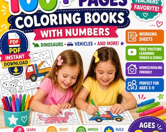 100+ Pages Kids Coloring Book with Numbers – Dinosaurs, Vehicles (Digital Download)