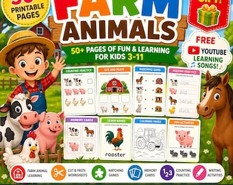 Farm Animals Printable Worksheets | Cut and Paste, Matching, Counting (PDF Download)