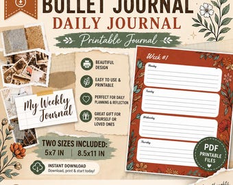 Bullet Journal & Daily Journal Printable Bundle | 8.5x11 5x7 PDF Planner Pages | Minimalist Bujo Notebook | Habit Tracker Instant Download