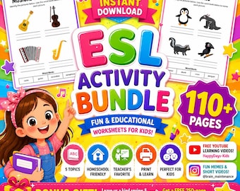 ESL Learning Bundle 110+  Printable PDF Pages for Kids