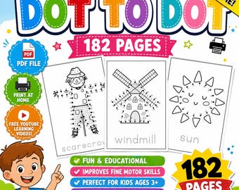 182-seitiges Punkt-zu-Punkt-Aufmerksamkeitsbuch für Kinder | Vorschul-Feinmotorik (PDF Download)