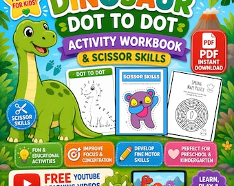 Dinosaur Dot to Dot Activity Book | Scissor Skills, Fine Motor Practice (PDF Download)