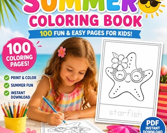 100 Summer Coloring Pages for Kids | Printable PDF Activity Book (Digital Download)