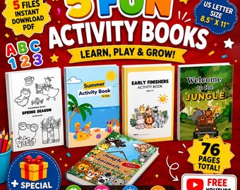 Kids Activity Book Bundle | 5 Printable Learning Books, Summer, Jungle Animals (Instant Download)