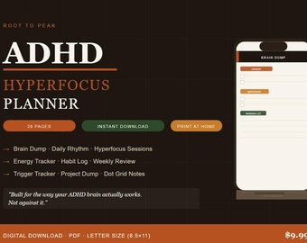 ADHD Hyperfocus Planner | Daily Rhythm, Brain Dump, Energy Tracker (PDF Download)