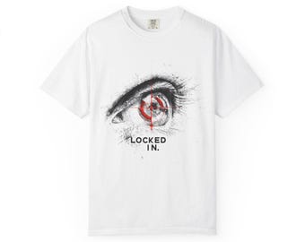 Locked In Eye Graphic T-Shirt - Focused Target Design, Charcoal Sketch Tee