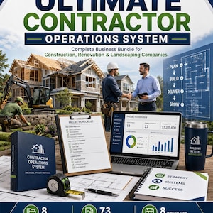 May include: A business bundle for contractors featuring a blue binder, a project checklist on a clipboard, a laptop displaying project data, a measuring tape, a pen, and a notebook labeled Strategy, Systems, Success, with text Ultimate Contractor Operations System.