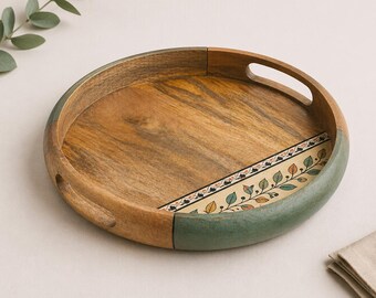 Artisan dienblad van mangohout | Handgemaakt en handgeschilderd dienblad | Rustiek keukendecor