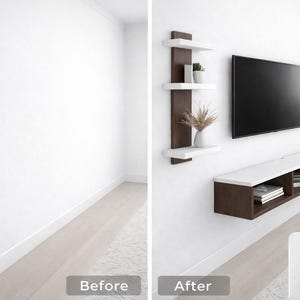 Puede incluir: Imagen de antes y después de un mueble de entretenimiento montado en la pared. La imagen "Después" presenta una consola de TV flotante marrón oscuro y blanca con estantes, un televisor negro y plantas decorativas. La imagen "Antes" muestra una pared blanca vacía.