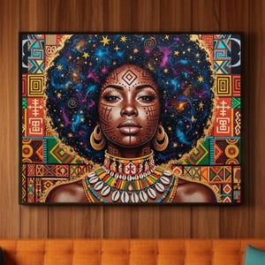Afrocentric Wall Art, African Goddess Portrait, Tribal Pattern Art, Cosmic Black Woman Print, Colorful Cultural Decor, Digital Download