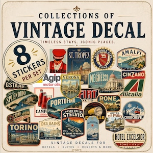 Puede incluir: Una colección de 8 pegatinas de estilo vintage con destinos de viaje y marcas icónicas. El conjunto incluye etiquetas para St. Tropez, Amalfi, Portofino, Roma, Turín y Courchevel, junto con logotipos de Agip, Fiat, Alitalia y Cinzano.
