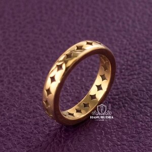 Unique Punch Style Star Wedding Band, Solid Gold Star Pattern Ring for Women, Handmade Gold Band, Stacking Gold Ring, Anniversary Gift