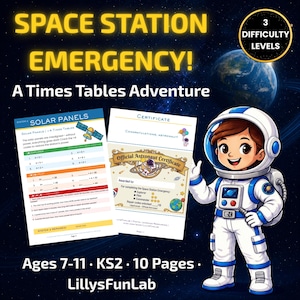 Può includere: Una risorsa didattica digitale intitolata Space Station Emergency: A Times Tables Adventure con un astronauta a cartoni animati, una scheda di matematica sui pannelli solari e un certificato ufficiale. 10 pagine per bambini di 7-11 anni.