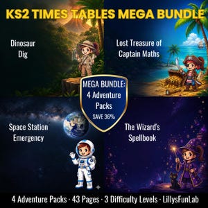May include: KS2 Times Tables Mega Bundle featuring four adventure packs: Dinosaur Dig, Lost Treasure of Captain Maths, Space Station Emergency, and The Wizard's Spellbook. Includes 43 pages and 3 difficulty levels from LillysFunLab.