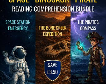 KS2 Reading Comprehension Bundle | 3 Mystery Passages — Space, Dinosaur & Pirate | Grades 2-5 · Year 3-6 | Printable PDF | Ages 7-11