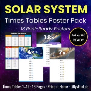 Peut inclure: Un pack de posters numériques intitulé SOLAR SYSTEM Times Tables Poster Pack comprenant 13 pages prêtes à imprimer. La collection inclut des tableaux éducatifs pour les tables de multiplication de 1 à 12, avec des images spatiales et planétaires.