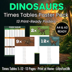 Może przedstawiać: Cyfrowy zestaw 13 plakatów edukacyjnych z ilustracjami dinozaurów i tabliczką mnożenia od 1 do 12. Tekst zawiera DINOSAURS Times Tables Poster Pack, 13 Print-Ready Posters oraz A4 & A3 READY. W tle widoczny jest wulkan.