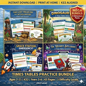 Puede incluir: Un paquete de hojas de práctica de tablas de multiplicar imprimibles para niños de 7 a 11 años. El paquete incluye cuatro paquetes de aventuras temáticas: pirata, dinosaurio, espacio y mago.