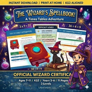 May include: A digital download titled "The Wizard's Spellbook!" with a wizard theme. The image features a young wizard, a black cat, spell books, and a certificate. The product is for ages 7-11 and includes 11 pages and 3 levels.