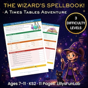 Op de afbeelding: The Wizard's Spellbook: A Times Tables Adventure is een 11-pagina tellende set educatieve werkbladen voor kinderen van 7-11 jaar. Het bevat rekenopdrachten rond toverdranken en magie, geïllustreerd met een tovenaar en een zwarte kat.