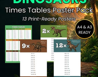 Dinosaurier Einmaleins Poster Pack | Einmaleins 1-12 | Druckbare Kunst im Klassenzimmer | Homeschool Mathe Dekor | Kinderzimmer