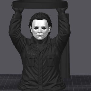 May include: A 3D digital render of a bust featuring a character with a white mask and dark hair, wearing a black collared shirt with two chest pockets. The figure has both arms raised above its head, holding a circular black tray or platform.