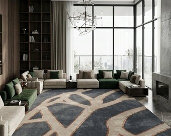 Alfombra abstracta moderna, alfombra hecha a mano con mechones, alfombra geométrica contemporánea, alfombra de lana y tencel gris oscuro y beige, alfombra de lujo para sala de estar.