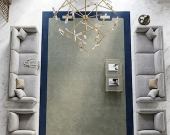 Alfombra moderna con borde azul, alfombra minimalista, alfombra contemporánea hecha a mano, alfombra geométrica para sala de estar, alfombra abstracta de lujo para el suelo.